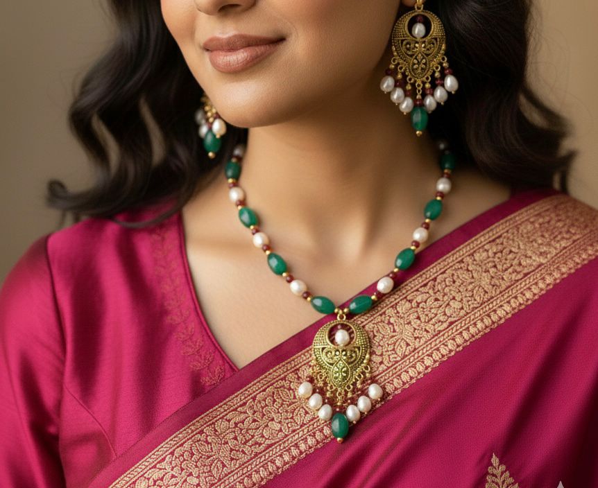 Green Beads & Freshwater Pearl Necklace Set - Image 2