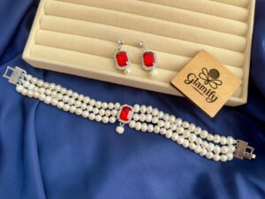 Ruby Stone Freshwater Pearl Choker Necklace Set | 7–8mm White Pearls