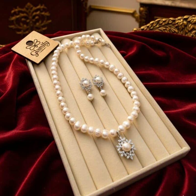 White Freshwater Pearl Necklace Pendant Set | 7–8mm Pearls | 17 Inch