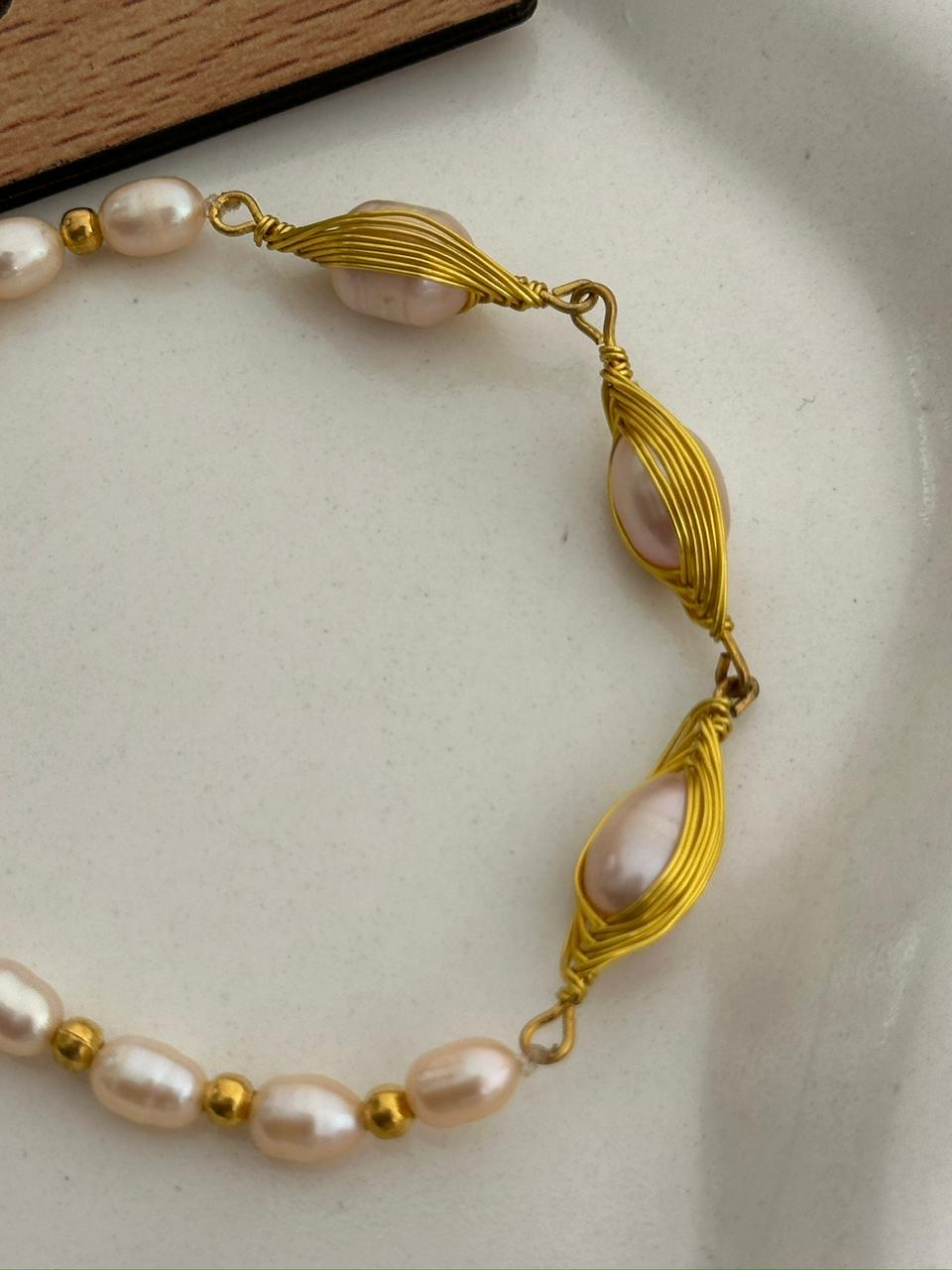 Pink Rice Pearl Adjustable Bracelet | 7–8mm Freshwater Pearls | 925 Silver Gold Plated - Image 2