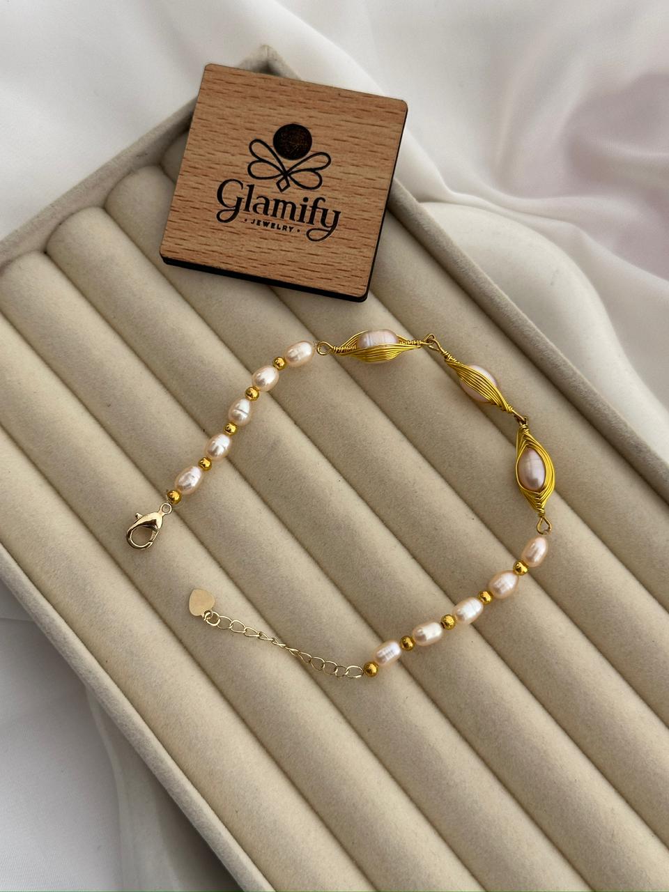 Pink Rice Pearl Adjustable Bracelet | 7–8mm Freshwater Pearls | 925 Silver Gold Plated - Image 4