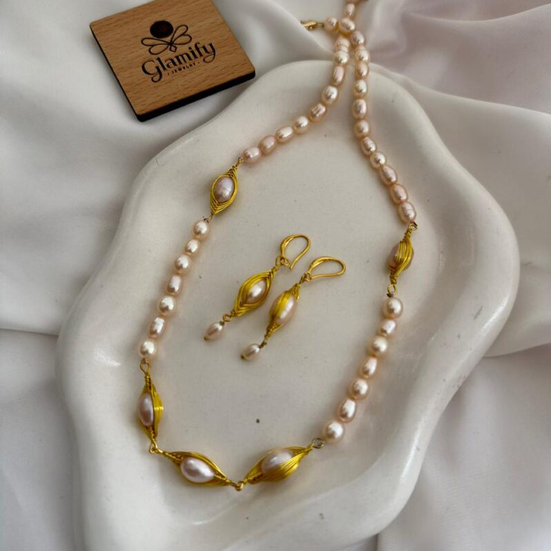 AAA Grade Pink Freshwater Pearl Necklace Set | 925 Silver Gold Plated | 7–8mm Pearls