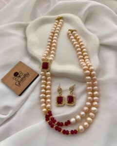 AAA Grade Pink Freshwater Pearl Double Layer Necklace with Real Ruby Stone