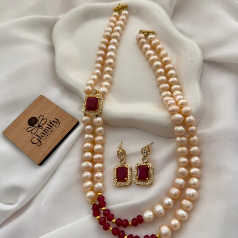 AAA Grade Pink Freshwater Pearl Double Layer Necklace with Real Ruby Stone