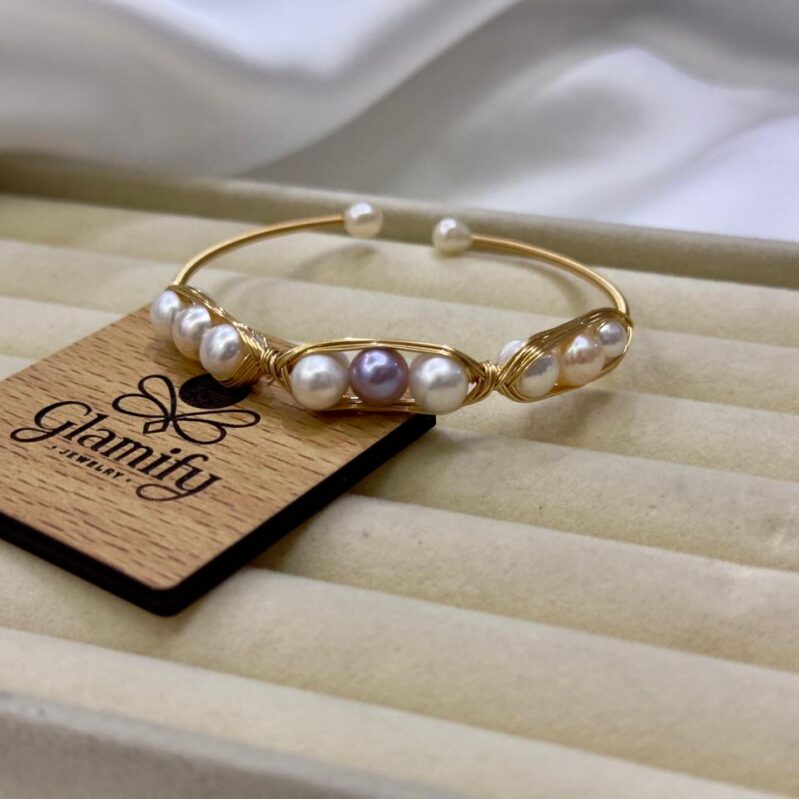 Handcrafted Multicolor Pearl Bracelet | Gold Plated Wire Cuff