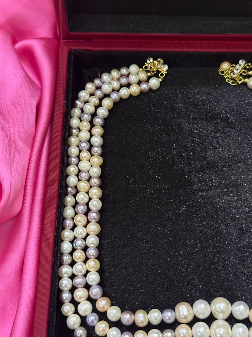 3 Layer Freshwater Multicolor Pearl Necklace | AAA Grade Pearl | Adjustable Length - Image 2