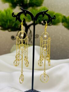 18K Gold Plated Pearl Drop Earrings – Multi Circle Chain Design