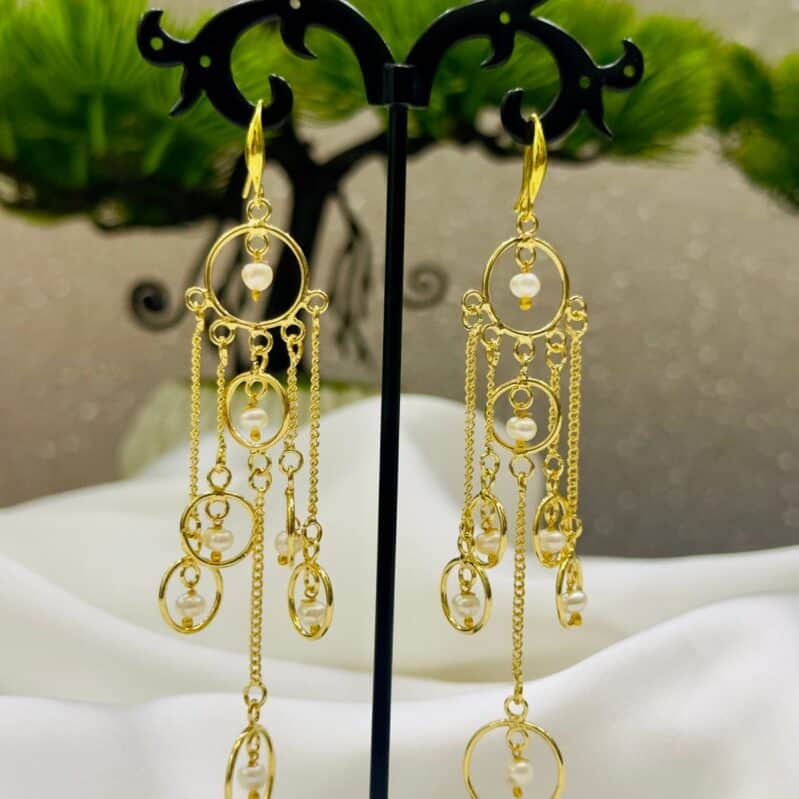 18K Gold Plated Pearl Drop Earrings – Multi Circle Chain Design
