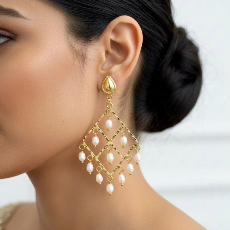 18K Gold Plated Pearl Drop Earrings | Elegant Party & Wedding Wear