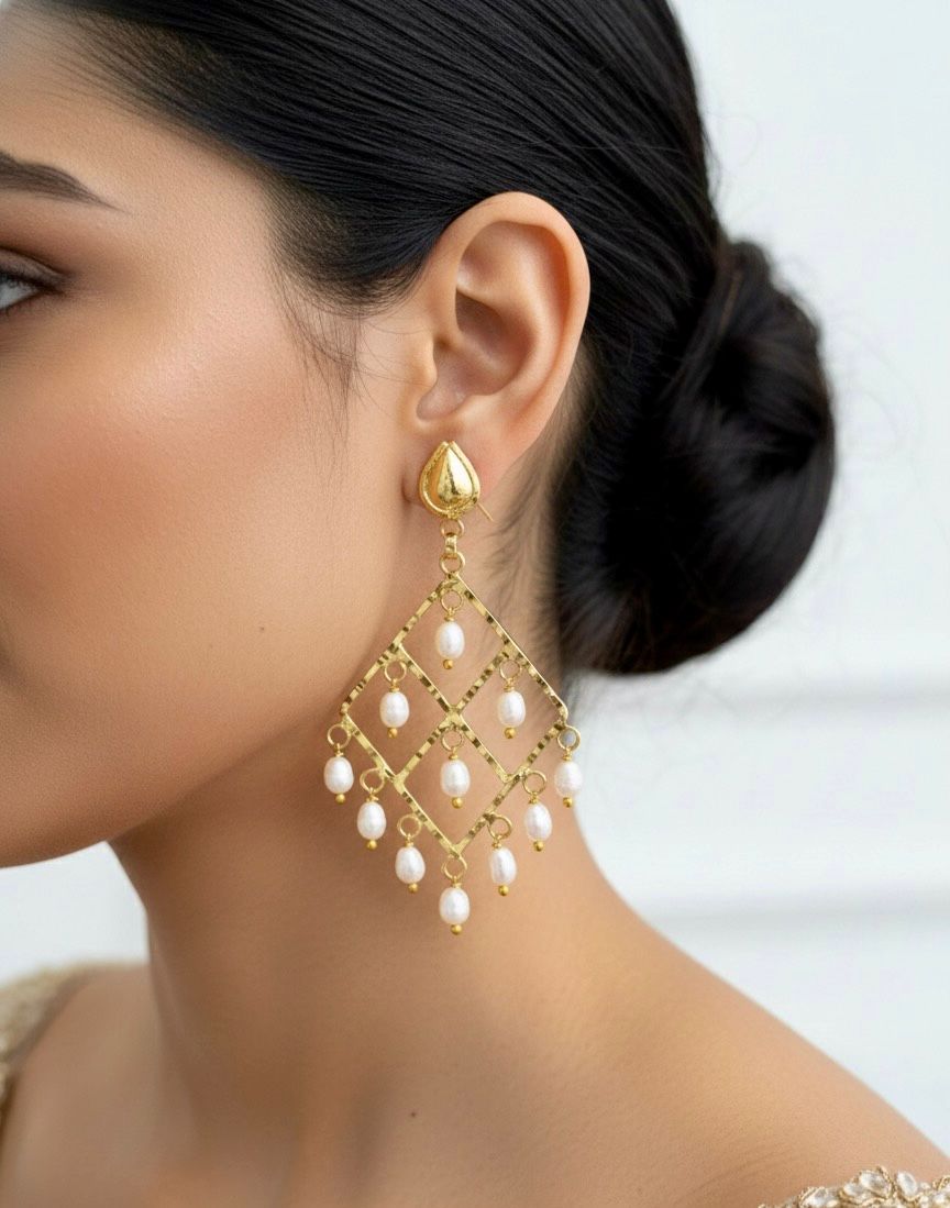18K Gold Plated Pearl Drop Earrings | Elegant Party & Wedding Wear