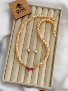 Real Freshwater Peach Pearl Necklace Set with Floral Ruby Pendant
