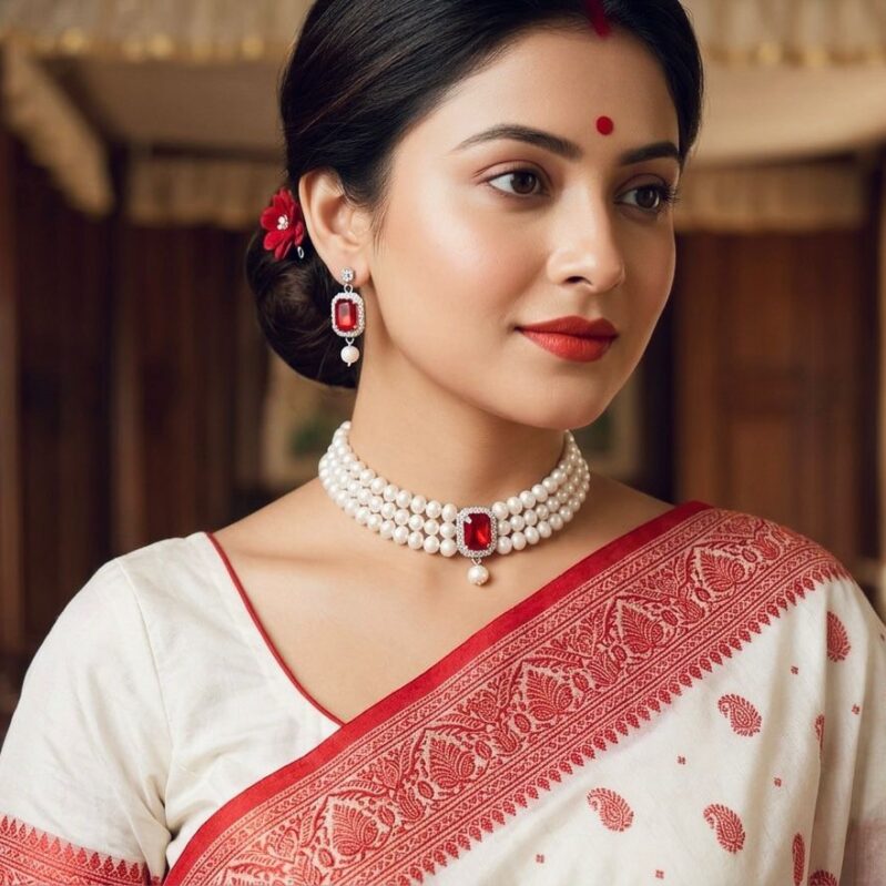 Ruby Stone Freshwater Pearl Choker Necklace Set | 7–8mm White Pearls