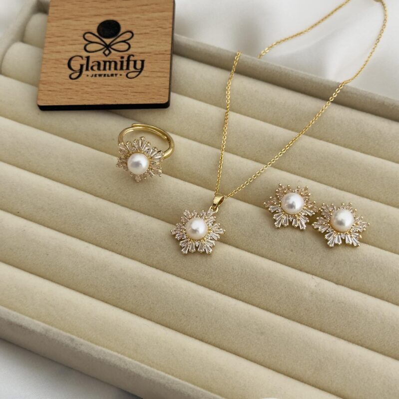 AAA Grade Freshwater Pearl Pendant Set – White Pearl Gold Plated Jewelry Set for Women