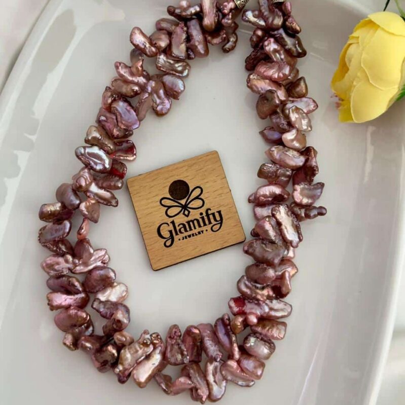 Baroque Keshi Pearl Necklace – Double Layer Soft Pink / Rose Gold Tone