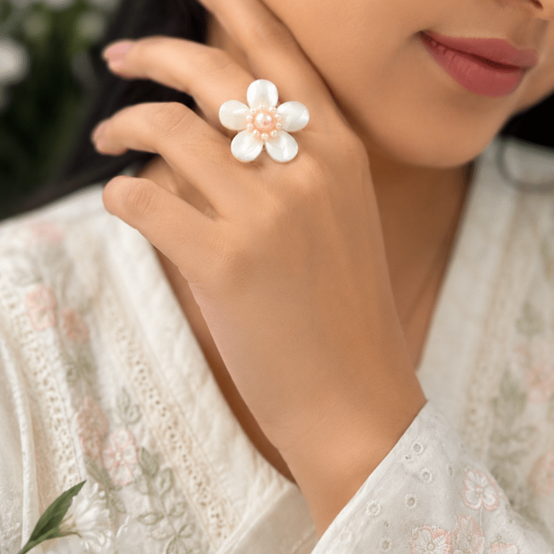 AAA Grade Flower Shell – Freshwater Pearl Ring | Adjustable Size