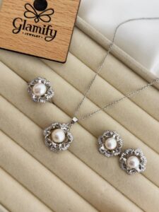 AAA Grade Freshwater White Pearl Pendant Set – Silver Finish | Adjustable Ring