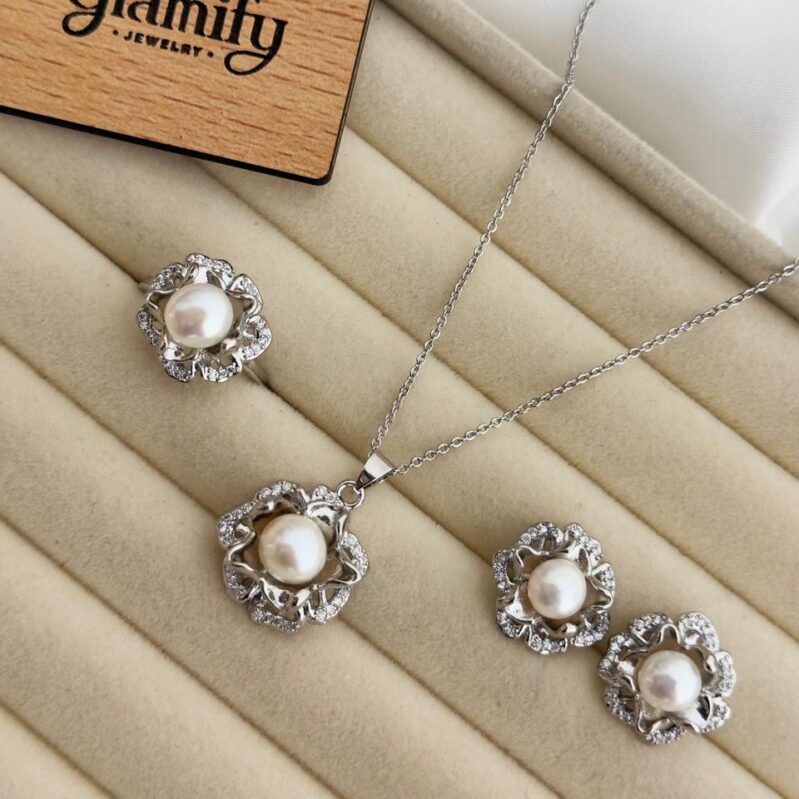 AAA Grade Freshwater White Pearl Pendant Set – Silver Finish | Adjustable Ring