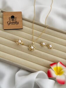 AAA Grade Freshwater White Pearl Pendant Set – Gold Plated | Adjustable Ring