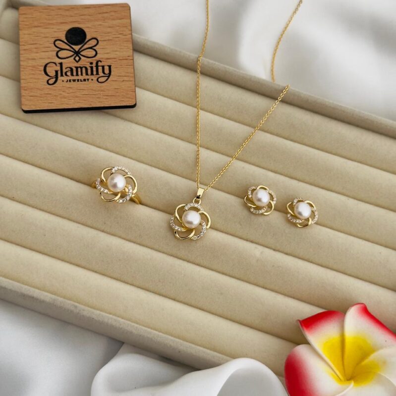 AAA Grade Freshwater White Pearl Pendant Set – Gold Plated | Adjustable Ring