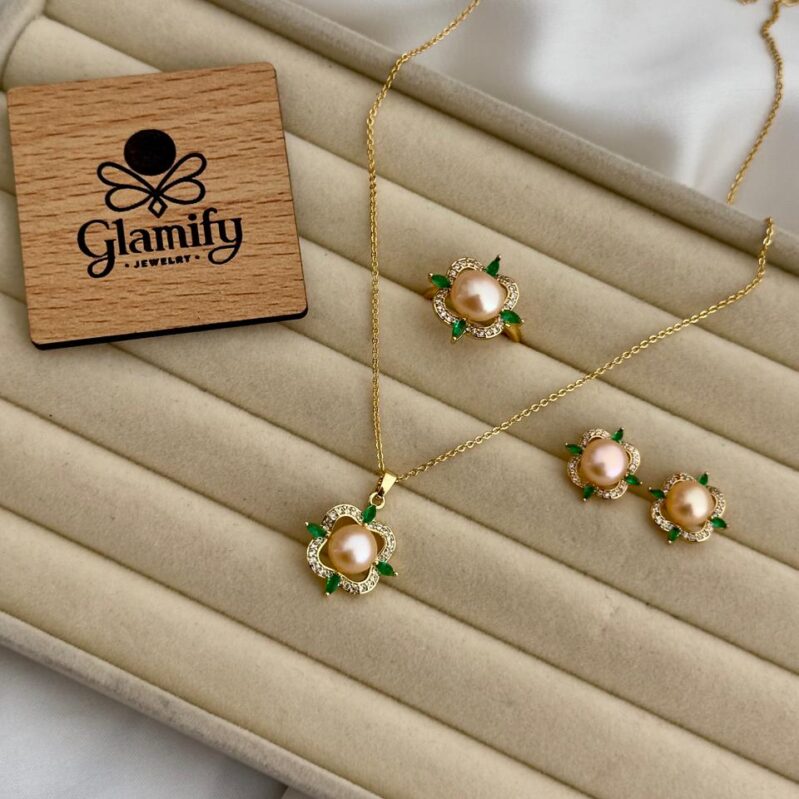 AAA Grade Freshwater Pink Pearl Pendant Set – Gold Plated | Adjustable Ring