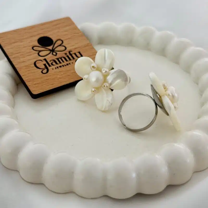 AAA Grade Flower Shell Pearl Ring – White & Purple | Freshwater Pearl Center | Adjustable Size