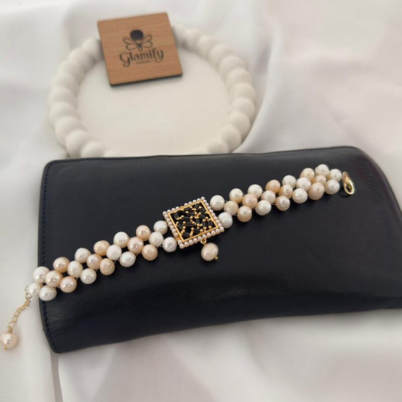 AAA Grade Freshwater Pearl Bracelet with Pink & Black Ruby Zircon Stone – Adjustable Design