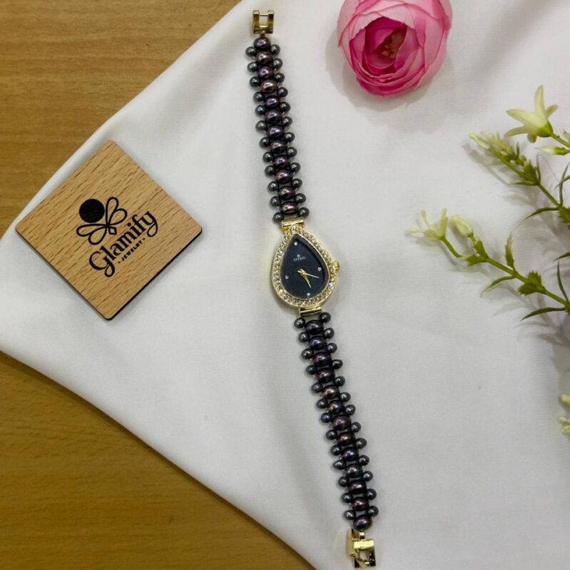 Titan Inspired AAA Grade Black & White Freshwater Pearl Watch – 7/8mm Rice Pearl with Pink Dial