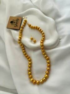 Golden 9mm Button Pearl Necklace – 17 Inch Premium Pearl Necklace Set for Women