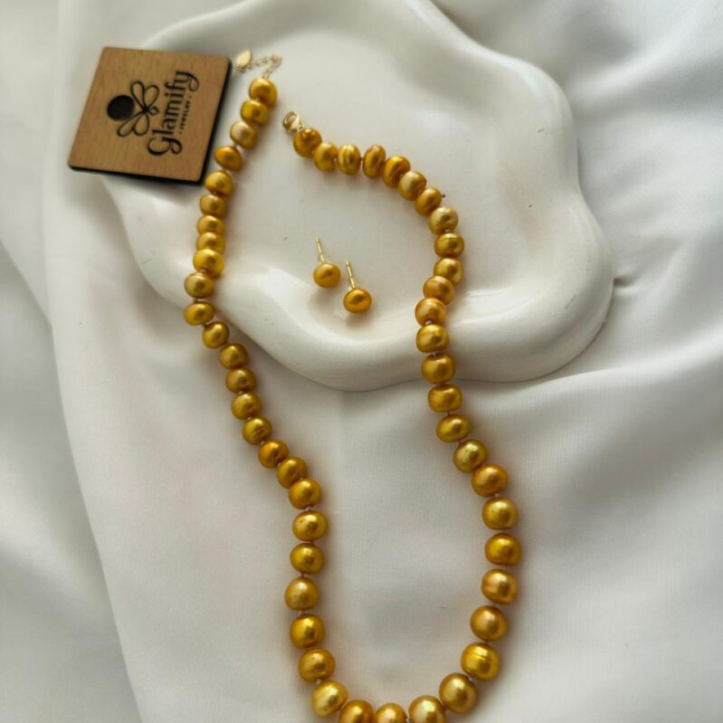 Golden 9mm Button Pearl Necklace – 17 Inch Premium Pearl Necklace Set for Women