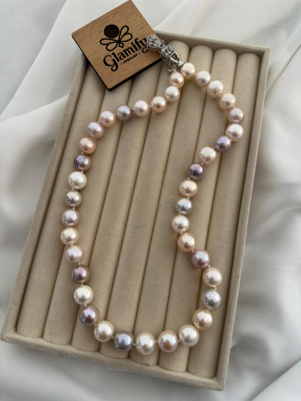 Multi-Color Natural 11mm Sea Pearl Necklace – 17 Inch Fresh Glossy Pearl Mala for Women