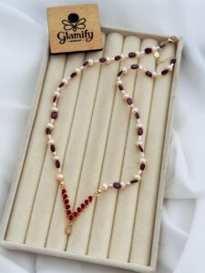 AAA Grade Pink Freshwater Pearl Necklace with Ruby Stone & Ruby Pendant – 6MM & 3MM | Adjustable Chain