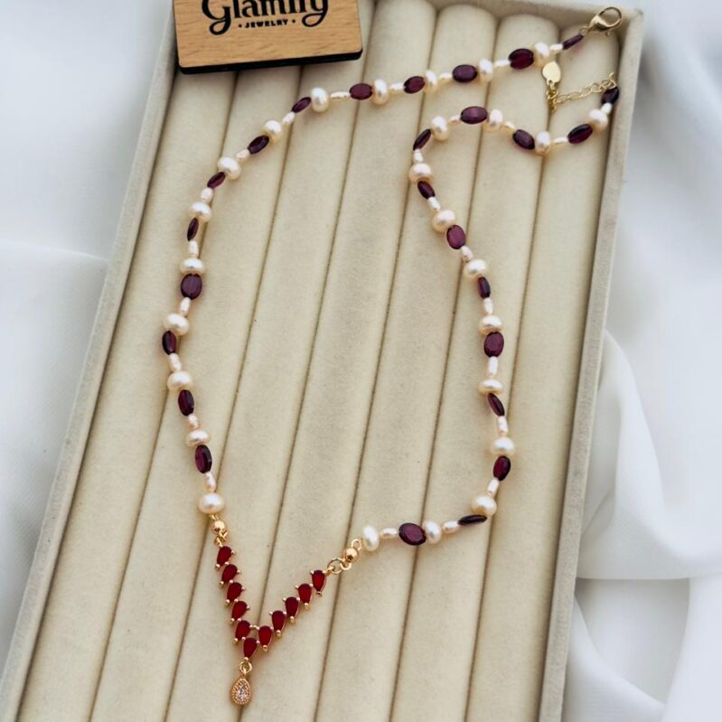 AAA Grade Pink Freshwater Pearl Necklace with Ruby Stone & Ruby Pendant – 6MM & 3MM | Adjustable Chain