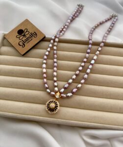 Double Layer AAA Grade Purple Freshwater Rice Pearl Necklace with Designer Statement Pendant