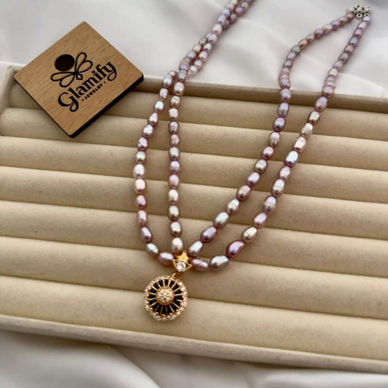 Double Layer AAA Grade Purple Freshwater Rice Pearl Necklace with Designer Statement Pendant