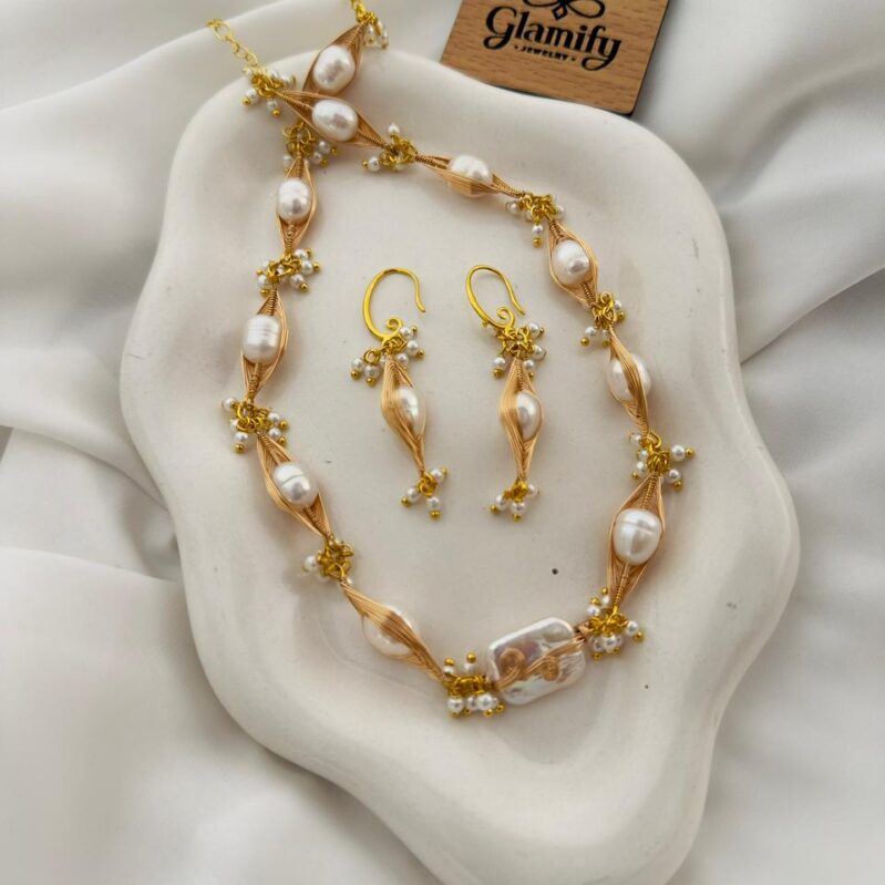 AAA Grade White Freshwater Rice Pearl Necklace Set – 7-8mm Hand-Woven Gold Wire Design