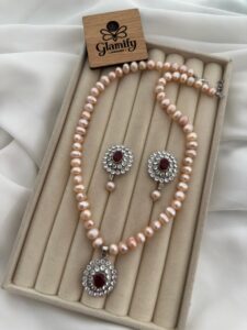 AAA Grade Pink Freshwater Pearl Necklace Set with Ruby Stone Pendant – 7-8mm | 17 Inch Adjustable