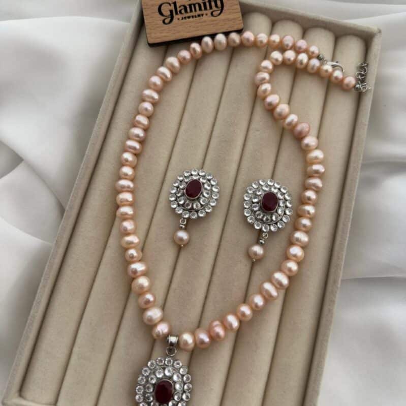 AAA Grade Pink Freshwater Pearl Necklace Set with Ruby Stone Pendant – 7-8mm | 17 Inch Adjustable