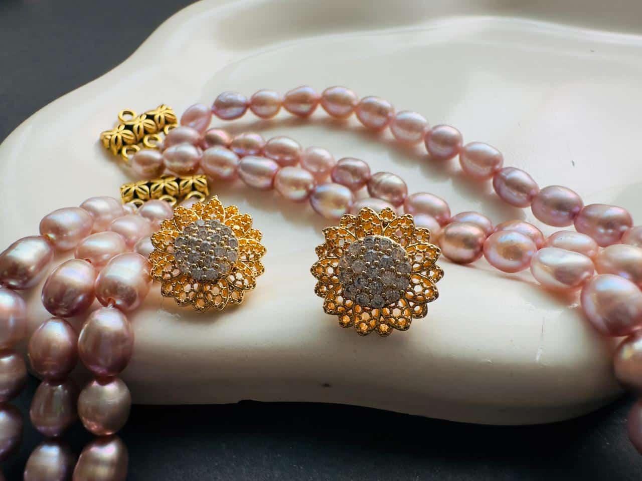 3 Layer AAA Grade Purple Freshwater Rice Pearl Necklace with Floral Designer Pendant – 6MM | 18 Inch - Image 2