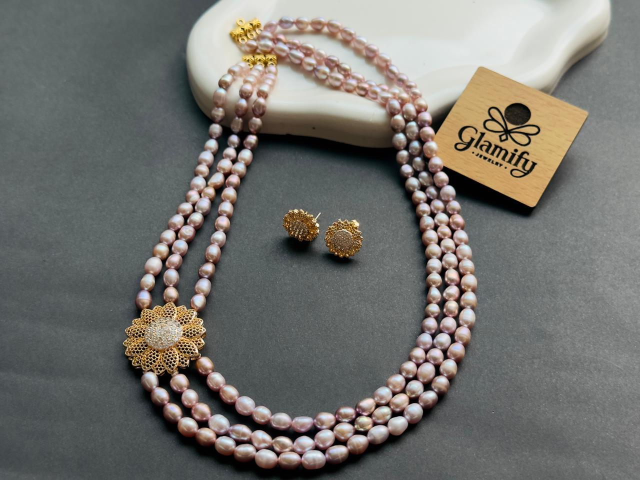 3 Layer AAA Grade Purple Freshwater Rice Pearl Necklace with Floral Designer Pendant – 6MM | 18 Inch - Image 5