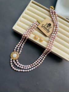 3 Layer AAA Grade Purple Freshwater Rice Pearl Necklace with Floral Designer Pendant – 6MM | 18 Inch