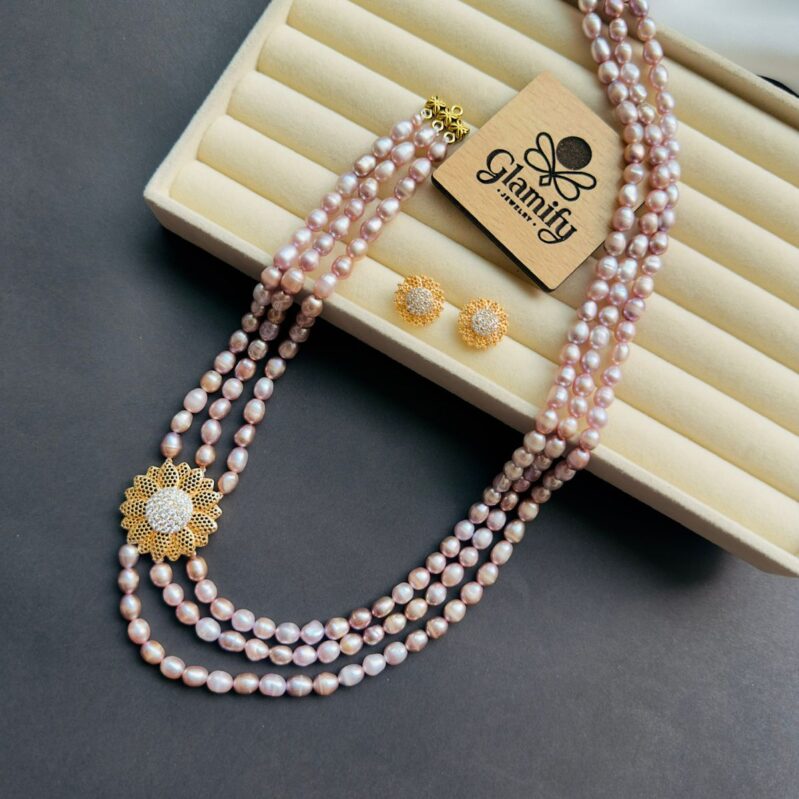 3 Layer AAA Grade Purple Freshwater Rice Pearl Necklace with Floral Designer Pendant – 6MM | 18 Inch