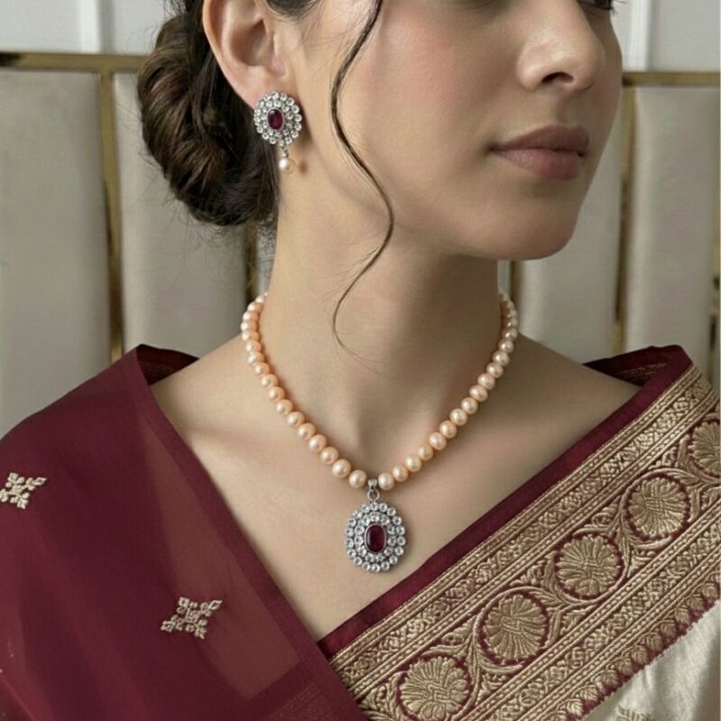 AAA Grade Pink Freshwater Pearl Necklace Set with Ruby Stone Pendant – 7-8mm | 17 Inch Adjustable