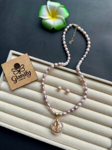 AAA Grade Purple Freshwater Rice Pearl Necklace with Crystal Baroque Locket – 6mm | 17 Inch Adjustable Chain