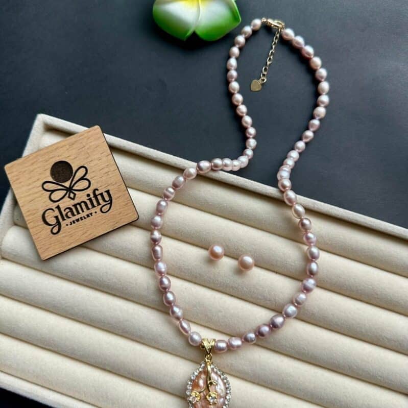 AAA Grade Purple Freshwater Rice Pearl Necklace with Crystal Baroque Locket – 6mm | 17 Inch Adjustable Chain