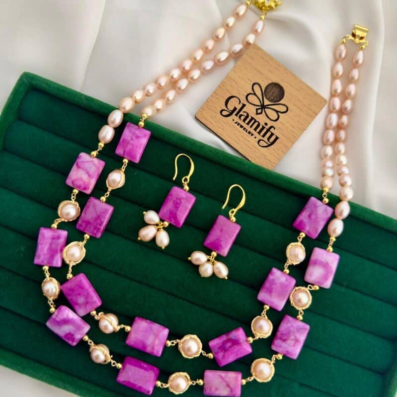 Magenta Agate & Double-Layer Rice Pearl Set