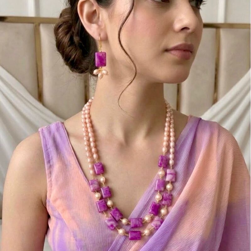 Magenta Agate & Double-Layer Rice Pearl Set