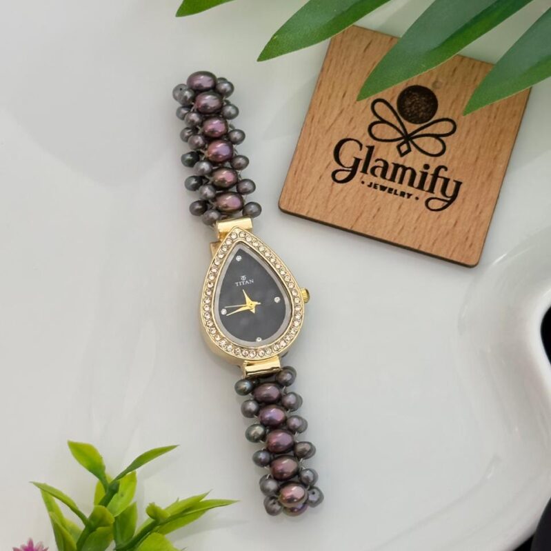 Titan Inspired AAA Grade Black & White Freshwater Pearl Watch – 7/8mm Rice Pearl with Pink Dial