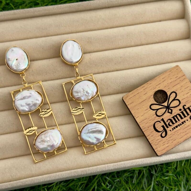 Baroque Coin Pearl Earrings with (3.3 Inch Long)