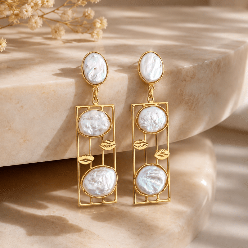 Baroque Coin Pearl Earrings with (3.3 Inch Long)