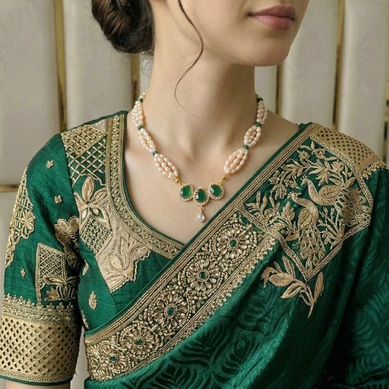 Freshwater Pearl Necklace with Emerald-style (Panna) accents